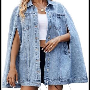 Womens Denim Kimono Shawl Jacket Poncho Cloak one size fits most slit arms